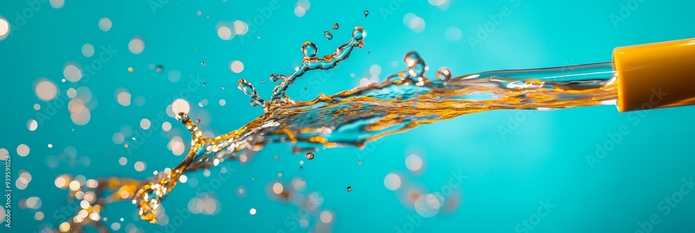 Poster a vibrant and dynamic image of water splashing out of a pipe, creating an abstract wave pattern agai