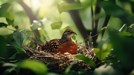 A tranquil scene of a quail peacefully sitting in a nest surrounded by vibrant green foliage, showcasing the beauty of nature and the serenity of wildlife. This image represents themes of peace, tranq