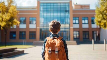 Fototapeta premium School child standing in front of school. Back to school background horizontal composition 