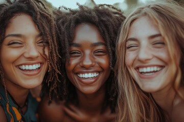 Fototapeta premium Young diverse people having fun outdoor laughing together - Focus on gay man face, Generative AI