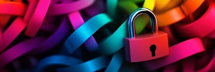 Fototapeta premium A vibrant illustration of a colorful padlock nestled within a swirling mass of colorful ribbons, symbolizing security, protection, privacy, and data safety.