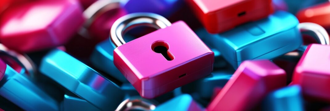 A vibrant illustration featuring multiple colorful padlocks, symbolizing security, protection, safety, privacy, and data security.