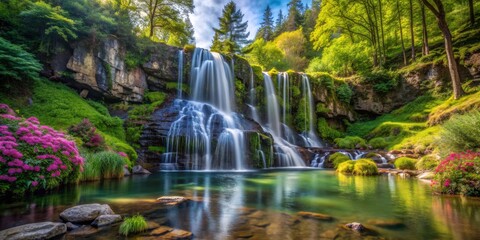 Serene Waterfall Cascade in Lush Forest, Long Exposure, Natural Beauty, Waterfalls, Nature , Forest, Landscape