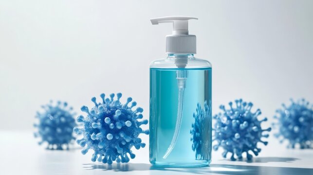 A bottle of hand sanitizer beside a Monkeypox vaccine, public health safety, clean and hygienic, isolated on white background