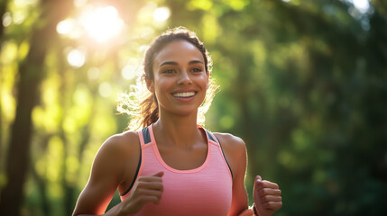 Fototapeta premium Close-up view of a woman running through the park and smiling.