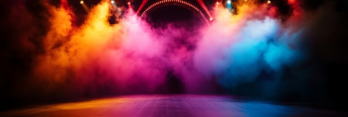 Fototapeta premium A vibrant stage setup featuring colorful smoke, spotlights, and a dark background, perfect for a Halloween circus performance.
