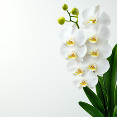 Close-up of a white orchid with blossoms and buds against a plain background, showcasing the beauty of the delicate petals and vibrant green leaves.