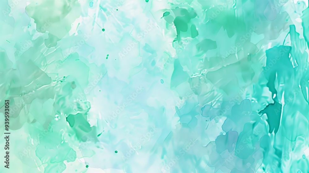 Poster An abstract watercolor painting blending shades of green and teal to create a serene and cooling visual effect with fluid motion.