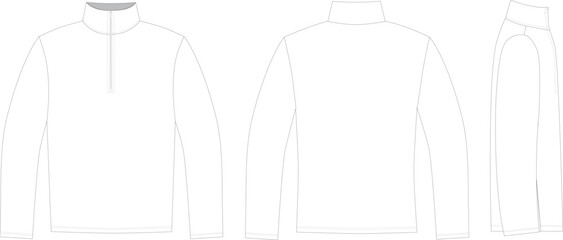 Editable technical fashion sketch for a long-sleeved sweatshirt with a collar and center front half-zip, for apparel design, tech packs, and fashion production. Front, back, and side view. © Gal-Art