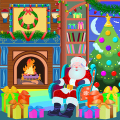 Claus in a winter wonderland.  Santa sitting by a warm fireplace surrounded by holiday decorations, a decorated Christmas tree, and presents ready for delivery
