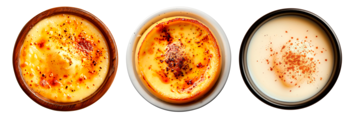 Set of catalan cream in a plates isolated on a white or transparent background. Close-up of catalan cream in a black, white and wooden plates, top view.