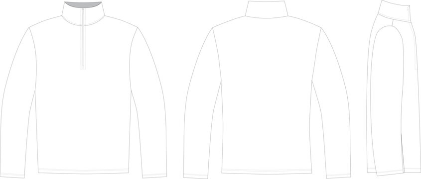 Editable technical fashion sketch for a long-sleeved sweatshirt with a collar and center front half-zip, for apparel design, tech packs, and fashion production. Front, back, and side view.