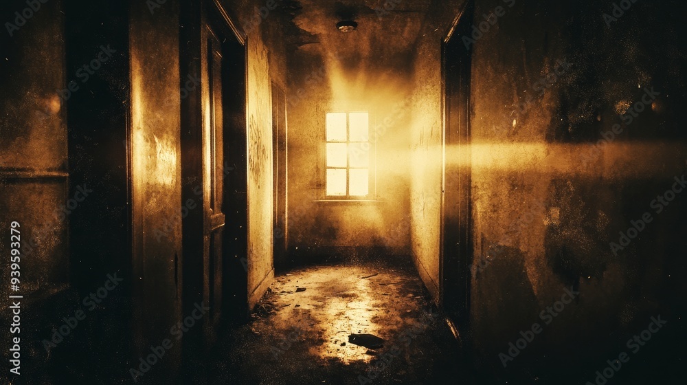 Poster a dimly lit hallway with a bright window, creating a mysterious and atmospheric scene.