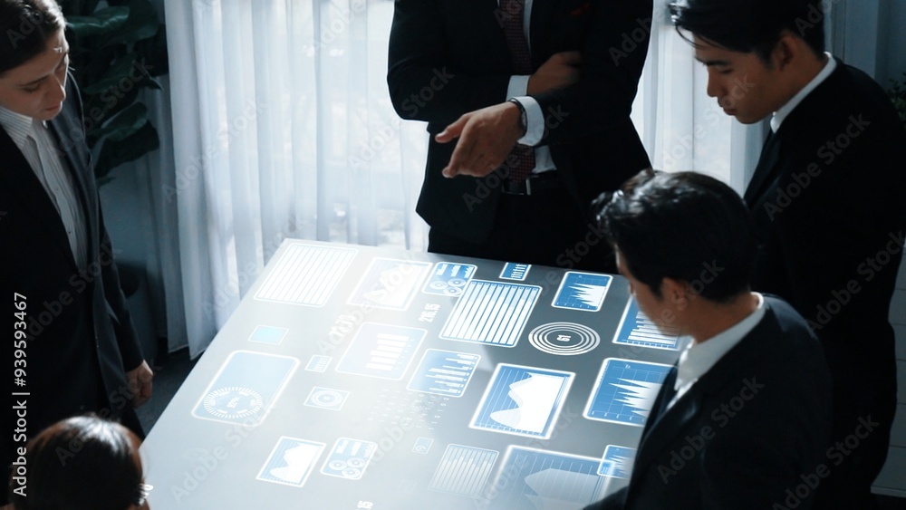 Poster top view of business people group discussing and brainstorming about marketing strategy with hologra