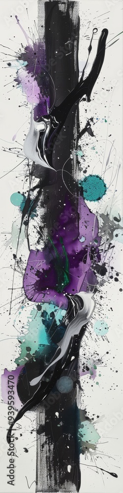 Poster A vibrant abstract art piece featuring purples, aquas, and dramatic black and white splashes creating dynamic visual interest.