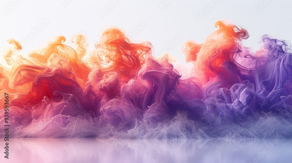 Sticker This image captures colorful wisps of smoke in shades of orange, purple, and pink, blending together to form an abstract and ethereal landscape.