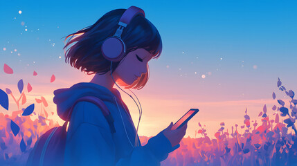 girl listening to music at sunset