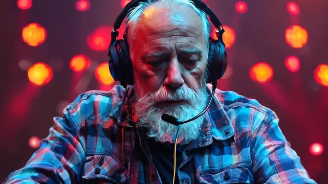 Elderly DJ performs at vibrant music festival, engaging the crowd with electric beats