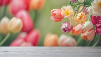 Verduisterende gordijnen Experience the beauty of vibrant pastel-colored tulips set against an abstract background. This serene and colorful scene captures the essence of spring, offering a visually stunning and artistic disp © Nithinun AI