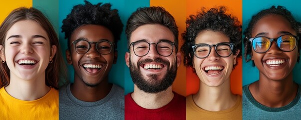 Collage of diversed people expressing positive emotions, Generative AI
