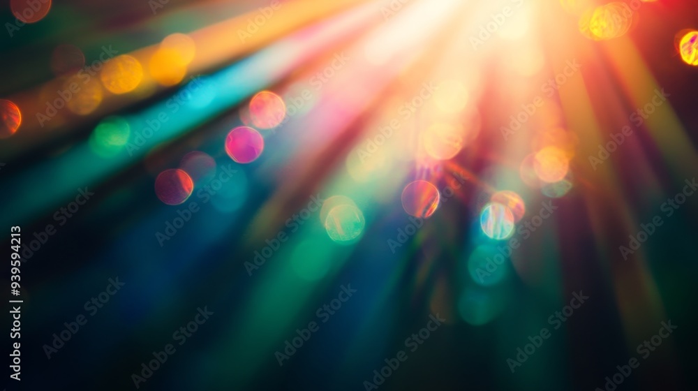 Poster a vibrant display of light rays and colorful bokeh, creating a dreamy and festive atmosphere.