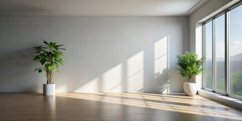Fototapeta premium Sunlit Room with Plants and Window, minimal, interior design, sunlight, empty room,