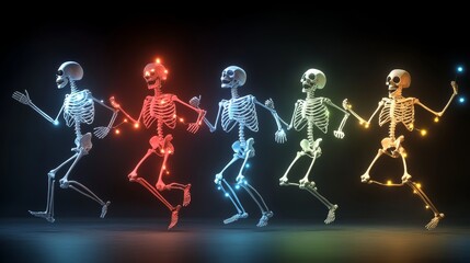 Four skeletons in vibrant colors, representing different elements, dance with joy, symbolizing energy, life, celebration, and togetherness.