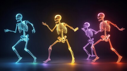 Four skeletons, each glowing in a different vibrant neon color, dance with joy and energy. This image symbolizes celebration, life, and the ability to find joy even in the face of mortality.