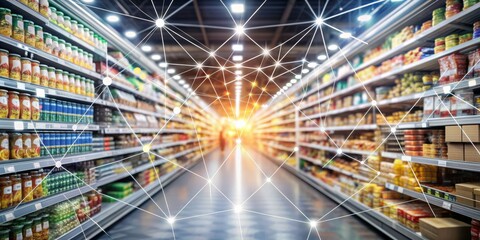 Supermarket Aisle Connected by Data Network, Supermarket, Retail, Technology, AI