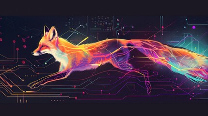 Cybernetic Fox Running Through a Circuitry Landscape