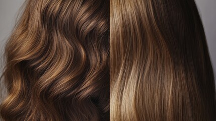 Fototapeta premium A stylist showcases a client's hair transformation, revealing the shift from wavy, textured locks to smooth, straight strands under soft lighting in a salon