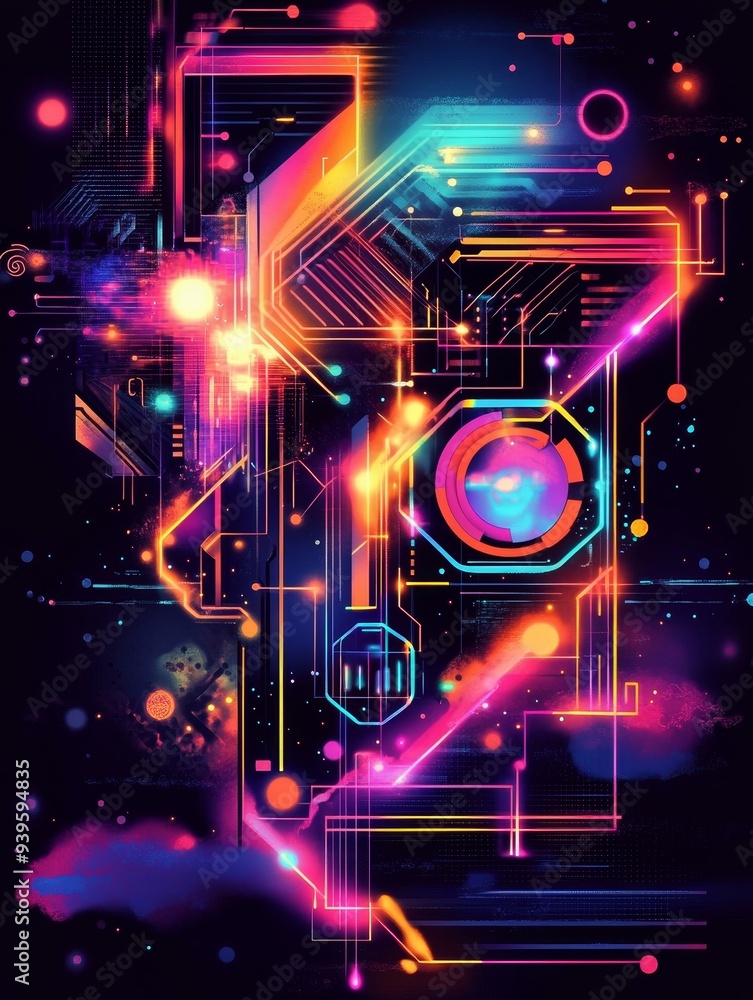 Poster this abstract art features a vibrant and colorful design of glowing neon circuitry lines and shapes,