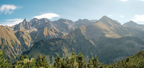Panorama view of the mountain Trettachspitze and Mädelegabel in the German Allgäu Alps near Oberstdorf.