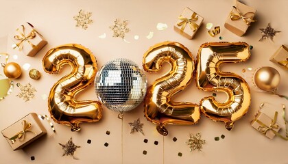Happy New Year 2025 and Merry Christmas! Two glasses of champagne, a golden champagne bucket and Christmas balls and tinsel on a light background
