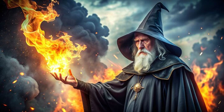 The Fire Mage's Command, a single wizard holding a flaming sphere in his hand, against a dark stormy sky with fire in the background, magic, wizard, fire, sorcery