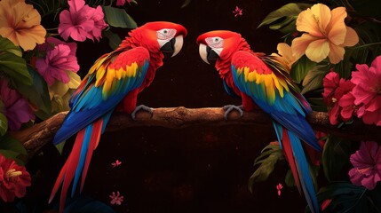 Obraz premium Two scarlet macaws, adorned with vibrant blue and yellow feathers, perch gracefully on a branch amidst a lush tropical backdrop. The macaws face each other, symbolizing love, companionship, and the be
