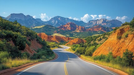 Fototapeta premium Winding mountain road through the desert, wilderness in the sun.