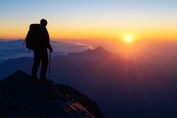 Obraz premium Silhouette of A man is standing on a mountain top with a backpack and a pole