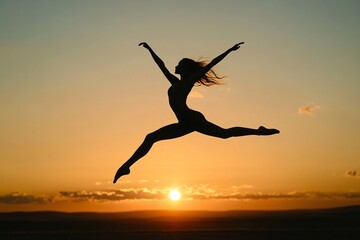 Silhouette of A woman is doing a jump in the air with the sun in the background