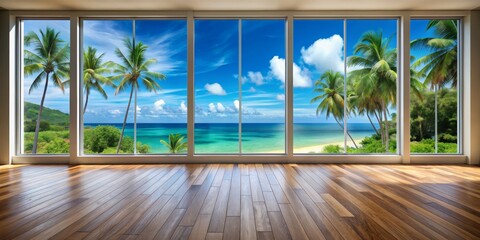 Tropical Beach View Through Large Windows, Wooden Floor, Palm Trees, Ocean, Sky, Beach, Window