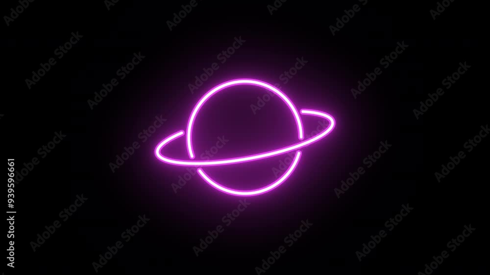 Poster neon planet animation, uniform rotation with color blink. glowing neon 3d saturn icon, looped spin. 
