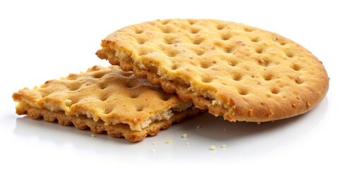 Two Round Crackers with Crumbs on White Background, cracker, snack, biscuit, food