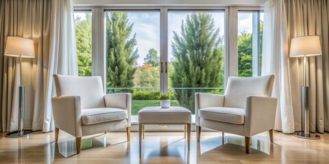 Obraz premium Two White Armchairs Facing Window with Lush Green View, Minimalist Living Room Design, Natural Light, Comfortable Seating, interior design, living room, furniture