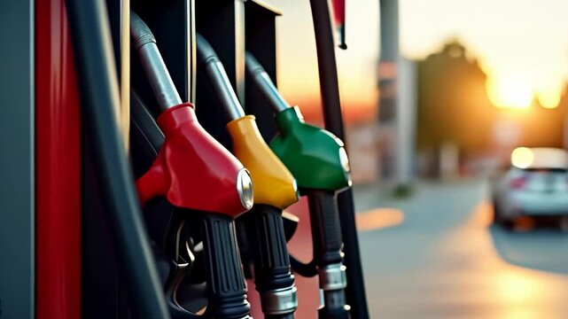 Colorful fuel pump handles at a gas station during sunset
