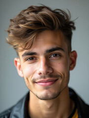 Fototapeta premium A young man smiling with tousled hair and dressed in a casual jacket projects charm and positivity, making this image ideal for lifestyle, casual fashion, or positive emotion themes.