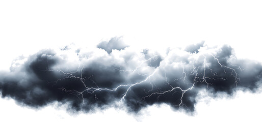 Dark storm clouds with lightning isolated on white and Lightning,  Isolated on transparent background