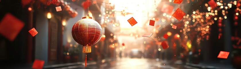 Naklejka premium Red lanterns hanging in a festive street scene