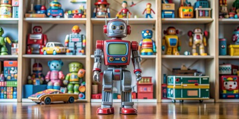 Naklejka premium Vintage Robot Toy in a Toy Shelf, Toy Robot, Vintage Toy, Retro Toy, Robot Toy