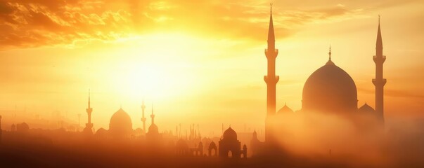 Obraz premium A beautiful sunrise casting a warm glow over a cityscape featuring domes and minarets, creating a serene and mystical atmosphere.