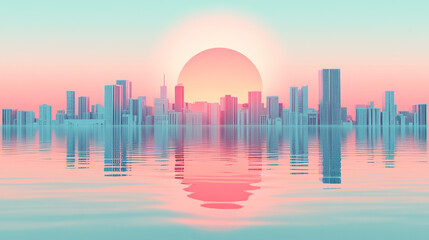 A visually soothing urban skyline at sunset, characterized by dreamy pastel hues and their reflection on the water, creating a tranquil and serene atmosphere.